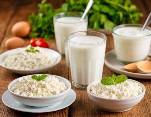 на столе стоят тарелки и стаканы с молочной продукцией