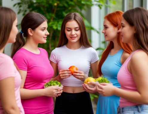 девушки стоят и держат в руках овощи и фрукты