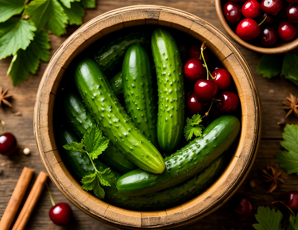 огурцы засоленные в бочке с травами и вишней