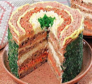 многослойный закусочный торт. Оливьена